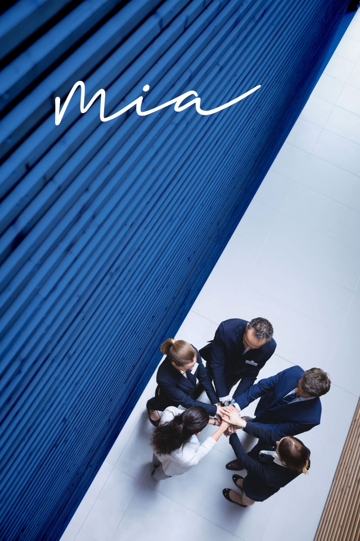 company work team stands in a circle and puts their hands in the center